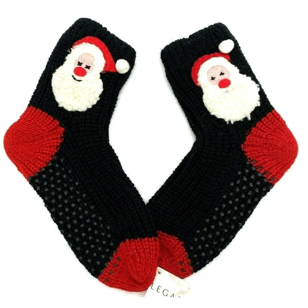 Christmas Santa Slipper Socks Black & Red One Size with Bottom Grips NEW